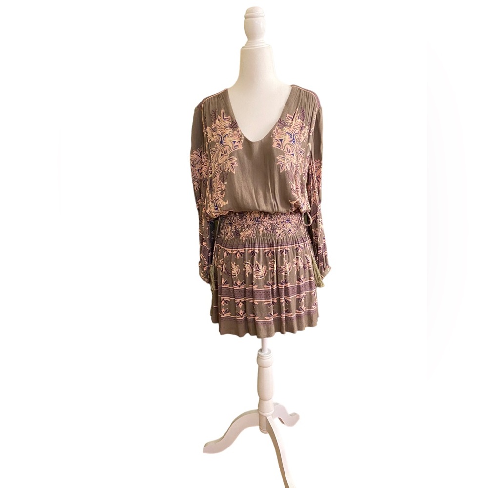 Free People Long Sleeve Dress XS Olive Green + Pink - Blousy top Boho Peasant